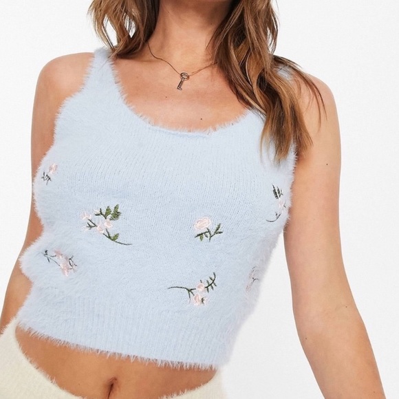 Cotton On Body Fuzzy Blue Cropped Embroidered Floral Crop Top XS - Picture 2 of 9